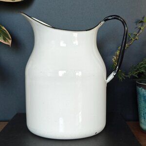 Vintage White Enamel Water Pitcher, Jug with Black Handle and Rim